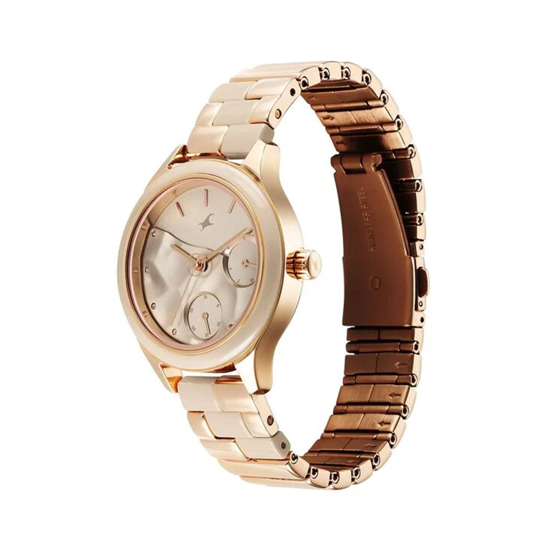 Fastrack Cerame Quartz Multifunction Beige Dial With Champagne