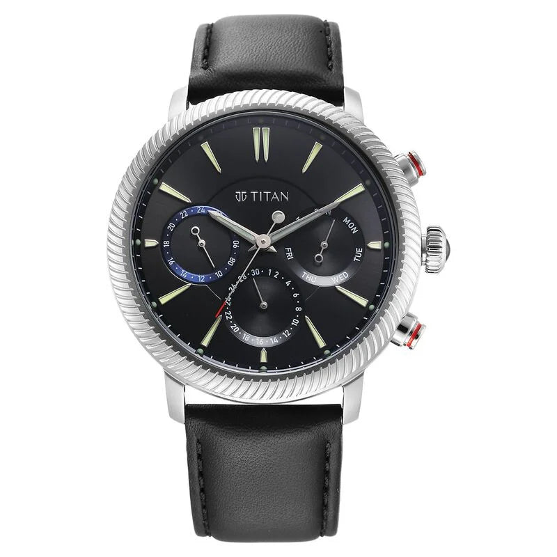 TITAN 10012SL01 Stellar Quartz Multifunction Black Dial Leather Strap TheKronoswatch