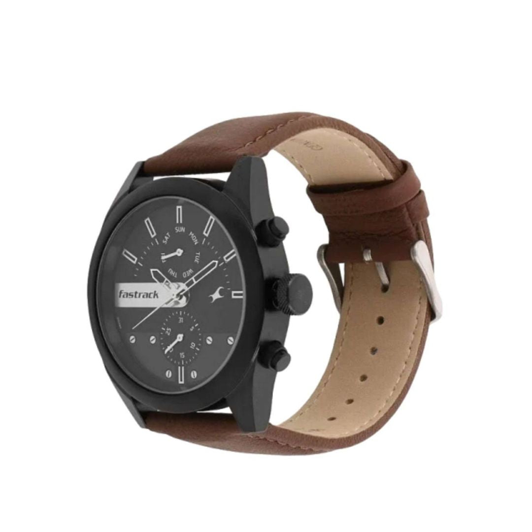 Fastrack 3165NL01 All Nighters Quartz Multifunction Black Dial Leather