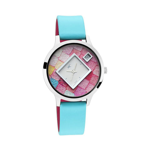 Fastrack 6210SL01 Fit Outs Quartz Analog with Date Multicoloured Dial Leather Strap Watch for Girls