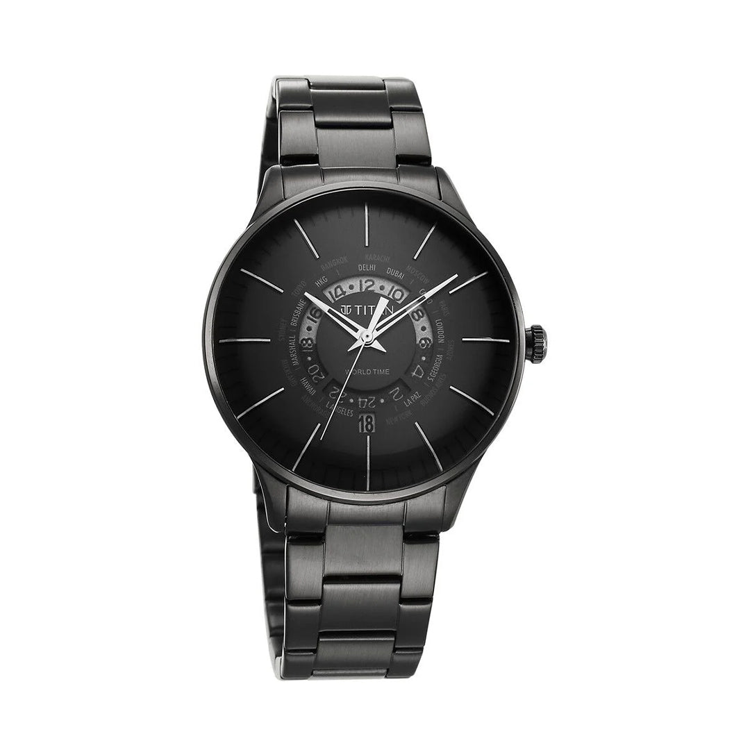 TITAN 90145NM01 Black Dial World Time with Date Watch for Men
