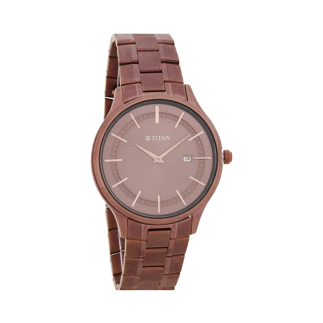 Titan 90142QM05 Classique Slimline Brown Dial Analog with Day and Date Stainless Steel Strap Watch for Men