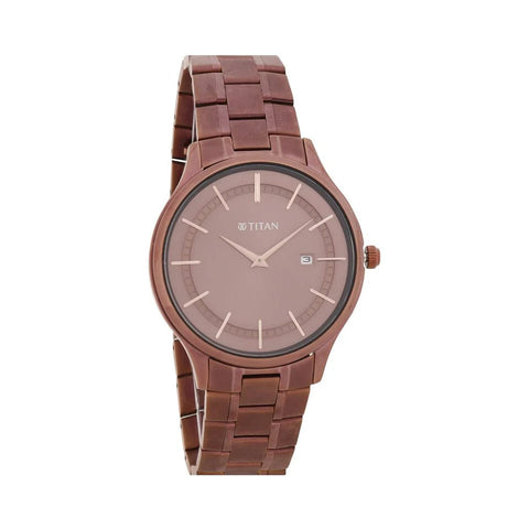 Titan 90142QM05 Classique Slimline Brown Dial Analog with Day and Date Stainless Steel Strap Watch for Men