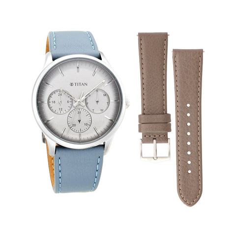 Titan 90125SL03 Light Leather Switch - Light Grey Dial Multifunction Watch for Men