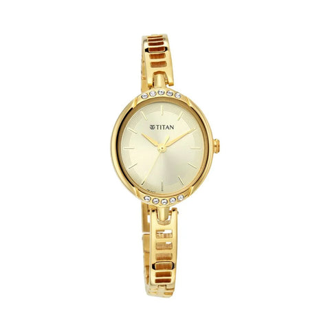 Titan 2637YM01 Quartz Analog Golden Dial Metal Strap Watch for Women