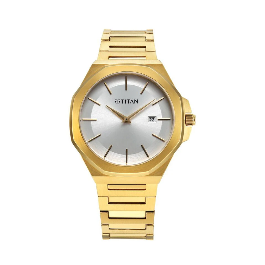 TITAN 90167YM01 Classic Slim Quartz Analog with Date Silver Dial Stainless Steel Strap Watch for Men