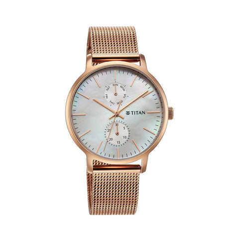 TITAN 95143WM01 Workwear Slimline Mother Of Pearl Dial Analog with Day and Date Stainless Steel Strap watch for Women
