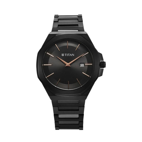 TITAN 90167NM01 Classic Slim Quartz Analog with Date Black Dial Stainless Steel Strap Watch for Men