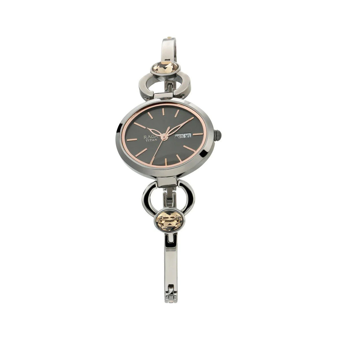 TITAN 2621QM01 Raga Viva Grey Dial Analog with Day and Date Metal Strap Watch for Women