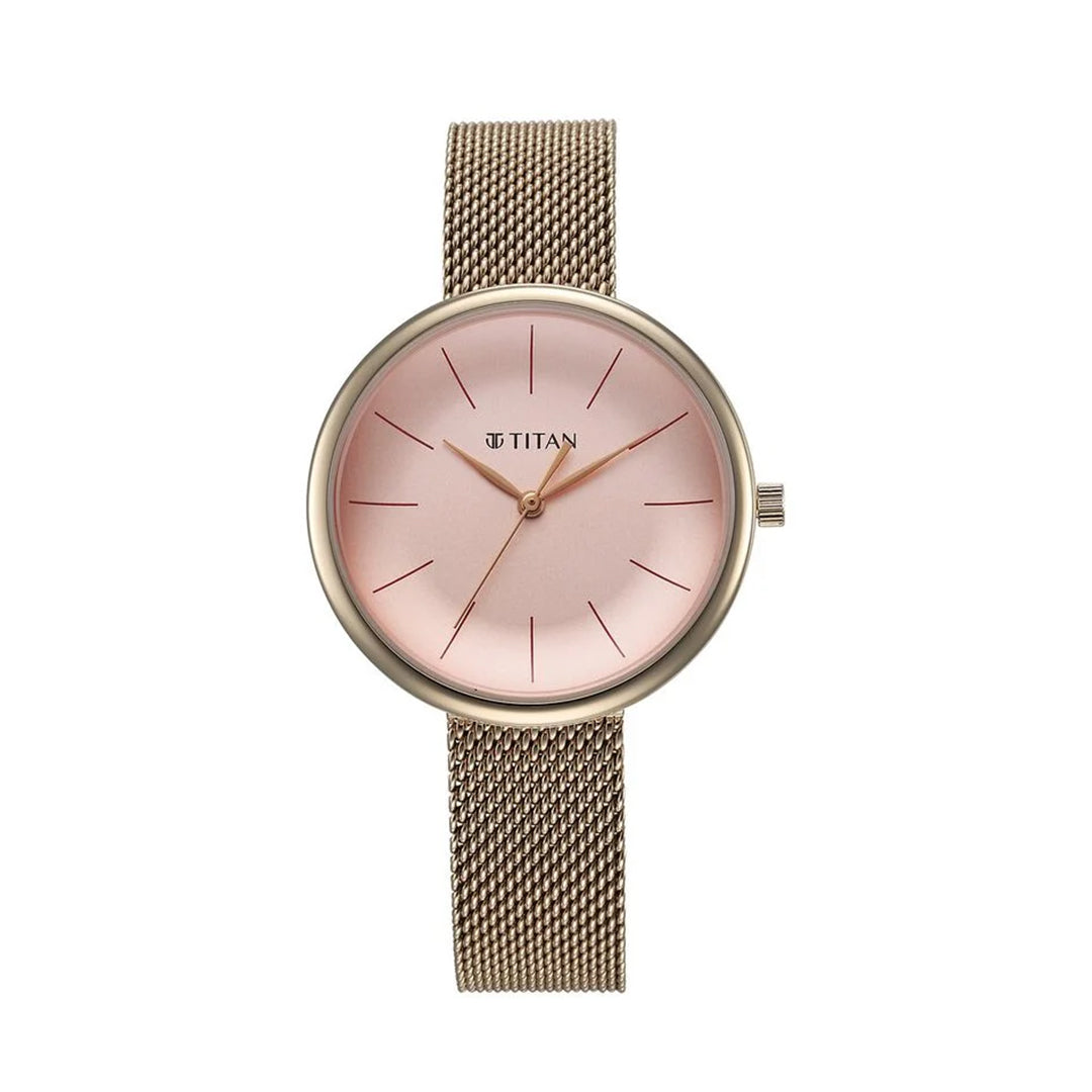 TITAN 95182WM01 Slimline Quartz Analog Pink Dial Rose Gold Stainless Steel Strap Watch for Women