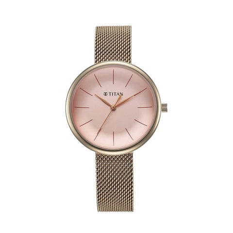 TITAN 95182WM01 Slimline Quartz Analog Pink Dial Rose Gold Stainless Steel Strap Watch for Women
