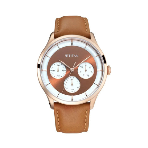 TITAN 90125WL02 Light Leathers Rose Gold Dial Quartz Multifunction Leather Strap watch for Men