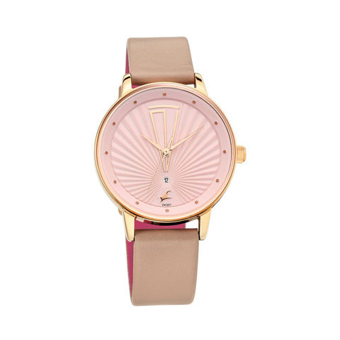 Fastrack 6206WL02 Ruffles Quartz Analog with Date Pink Dial Leather Strap Watch for Girls