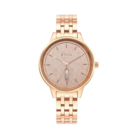 TITAN 2648WM01 Workwear Quartz Analog with Day and Date Rose Gold Dial Stainless Steel Strap Watch for Women
