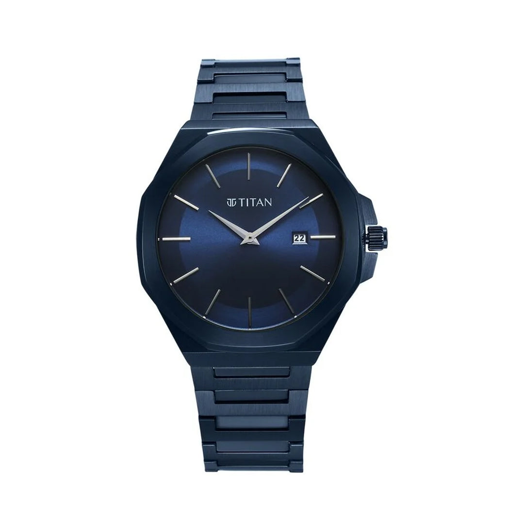 TITAN 90167QM01 Classic Slim Quartz Analog with Date Blue Dial Stainless Steel Strap Watch for Men