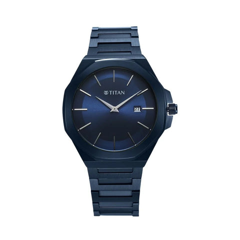 TITAN 90167QM01 Classic Slim Quartz Analog with Date Blue Dial Stainless Steel Strap Watch for Men