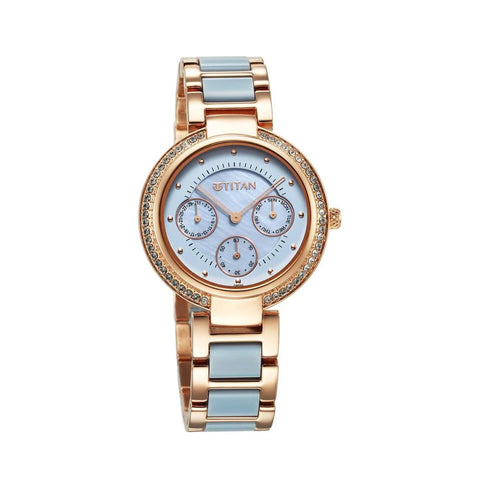 TITAN 95187KD01 Acetate Quartz Multifunction Mother Of Pearl Dial Two Toned Strap Watch for Women