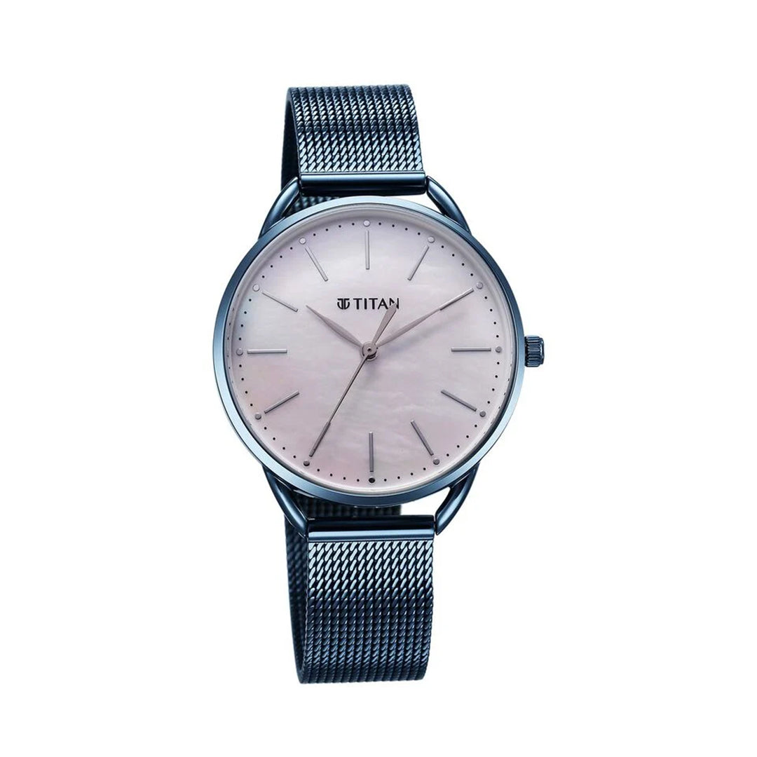 TITAN 95180QM01 Slimline Quartz Analog Mother Of Pearl Dial Blue Stainless Steel Strap Watch for Women