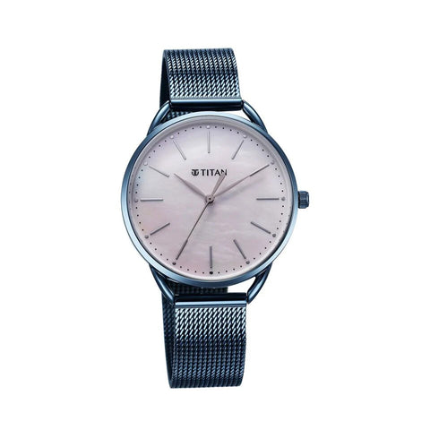TITAN 95180QM01 Slimline Quartz Analog Mother Of Pearl Dial Blue Stainless Steel Strap Watch for Women