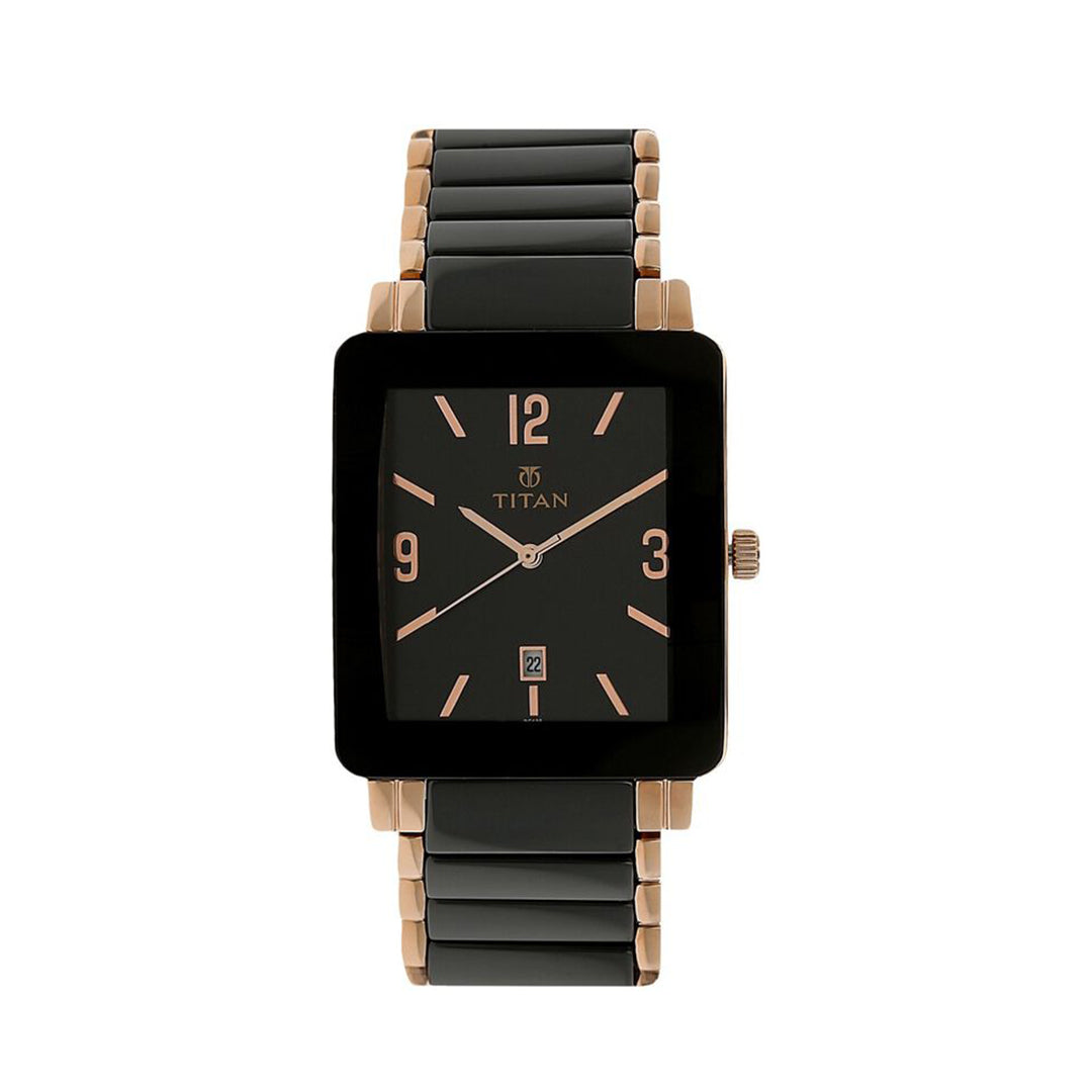 TITAN 90013WD01 Rectangle Black Dial Analog with Date Stainless Steel and Ceramic Strap Watch for Men