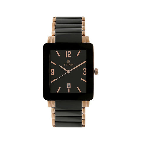 TITAN 90013WD01 Rectangle Black Dial Analog with Date Stainless Steel and Ceramic Strap Watch for Men