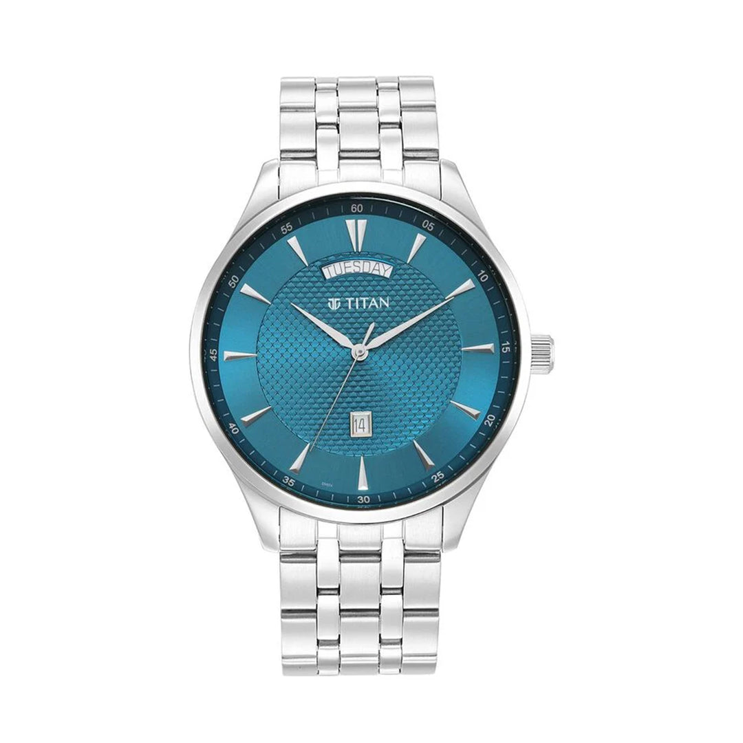 TITAN 90127SM01 Opulent Blue Dial Analog with Day and Date Stainless Steel Strap watch for Men