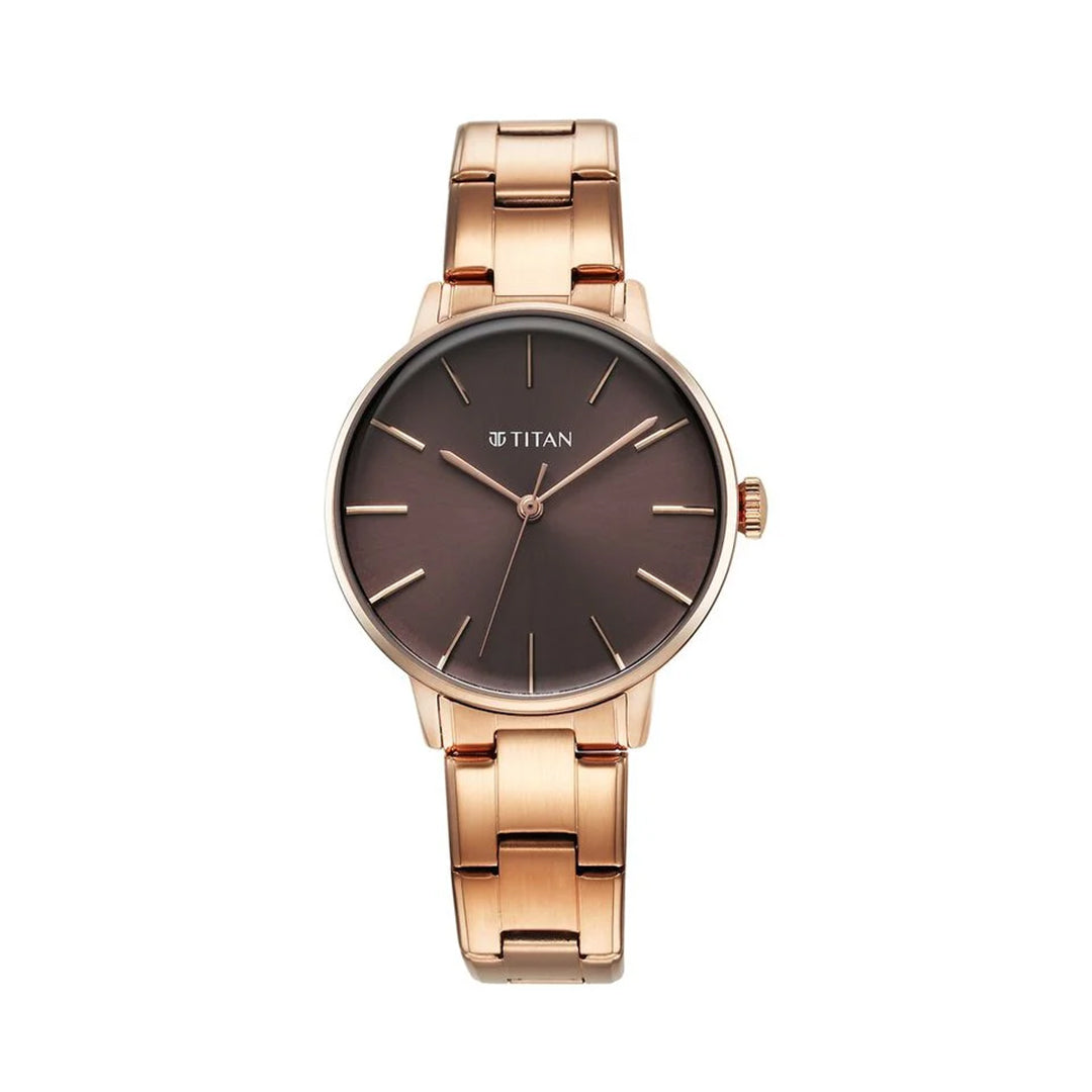 TITAN 95248WM01 TGIF Quartz Analog Brown Dial Rose Gold Stainless Steel Strap Watch for Women