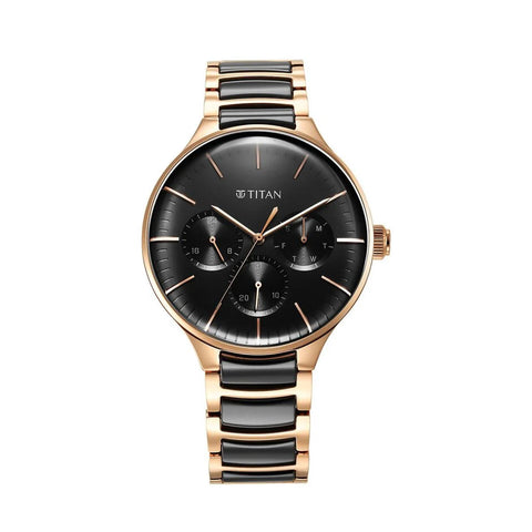 TITAN 90148KD03 Ceramic Fusion Quartz Multifunction Black Dial Rose Gold Dual-Toned Stainless Steel Bracelet Watch for Men