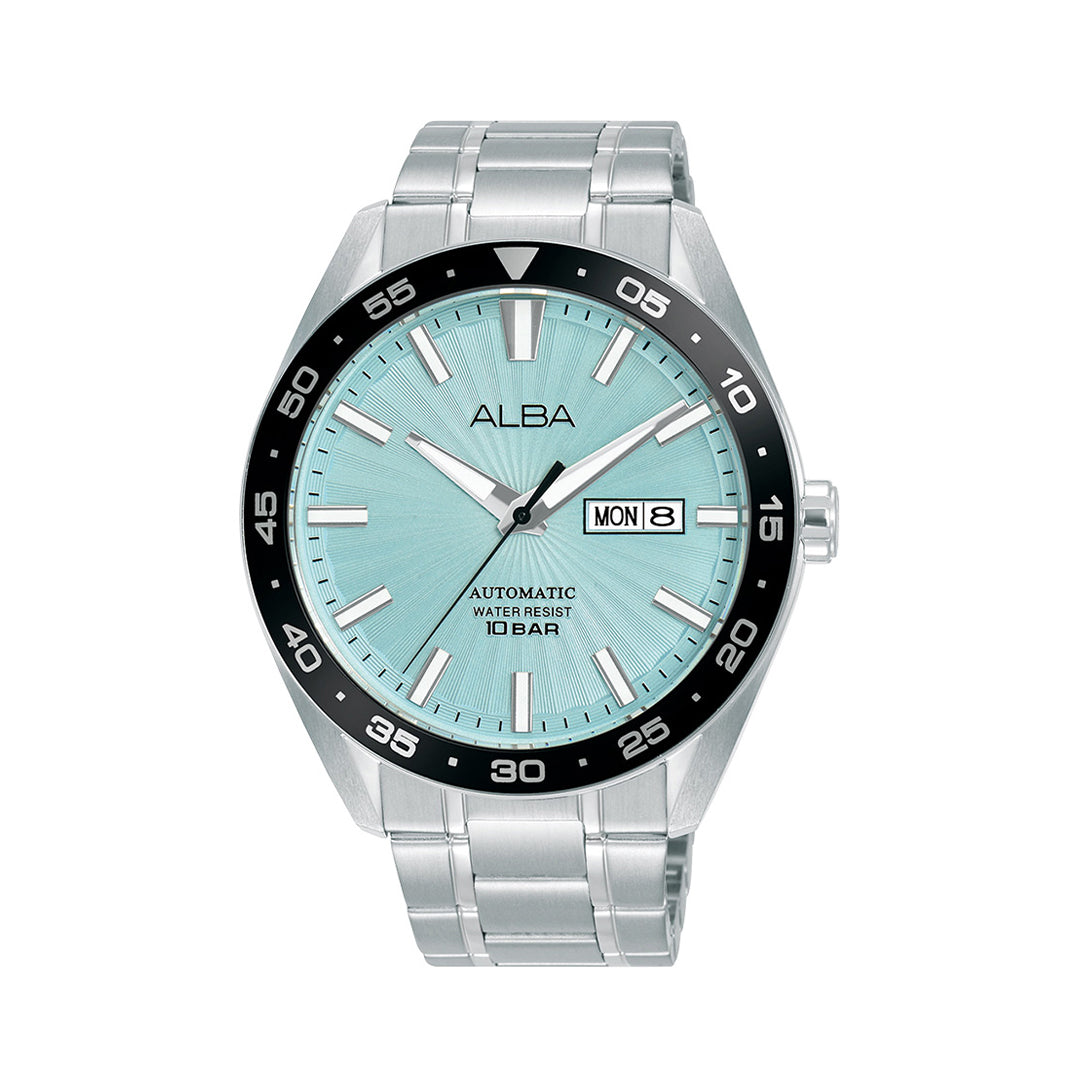 A3B005X1 Alba mechanical men's watch with pale turquoise textured dial and silver bezel