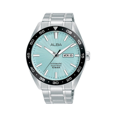 A3B005X1 Alba mechanical men's watch with pale turquoise textured dial and silver bezel