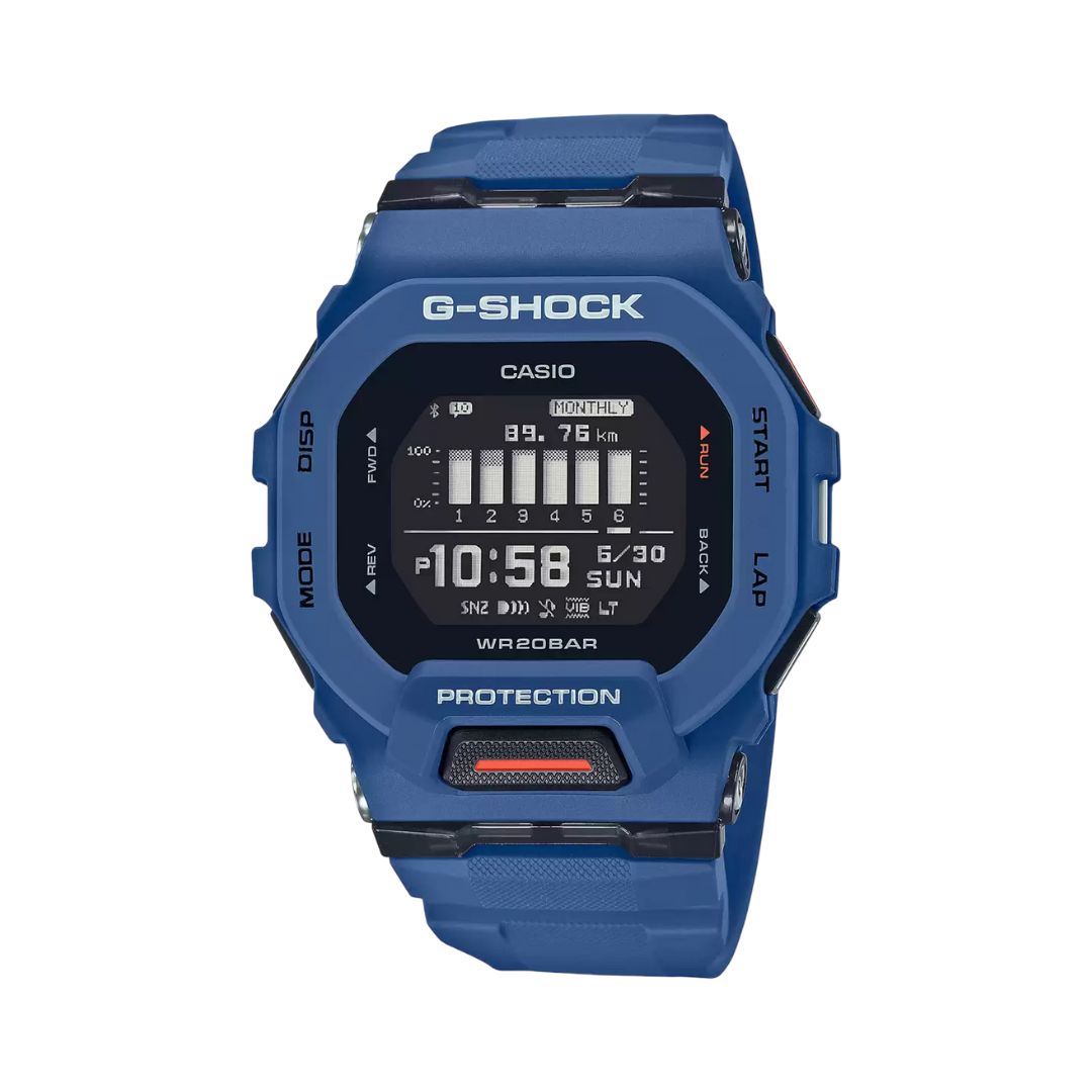 Casio G-Shock GBD-200-2DR (G1147) men's blue digital sports watch with rectangular face and Bluetooth features.