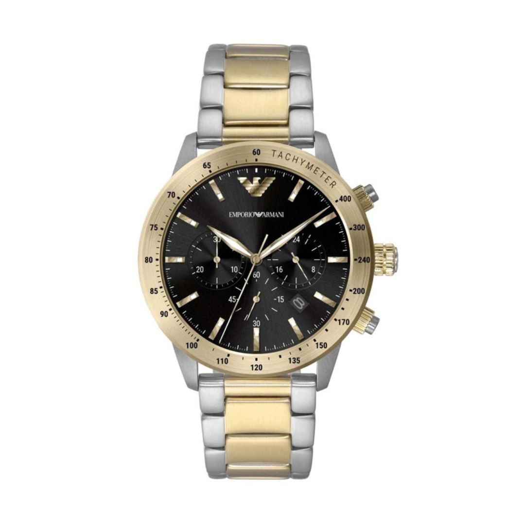 Emporio Armani AR11521 men's chronograph watch with stainless steel case, black dial, and subdials for stopwatch functionality.