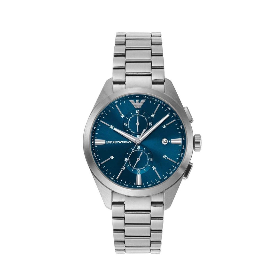 Emporio Armani AR11541 chronograph watch for men with a black dial, stainless steel case, and multifunction subdials for a sporty yet elegant look.