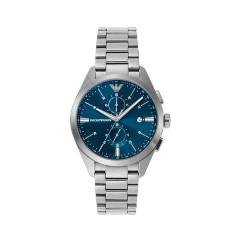 Emporio Armani AR11541 chronograph watch for men with a black dial, stainless steel case, and multifunction subdials for a sporty yet elegant look.