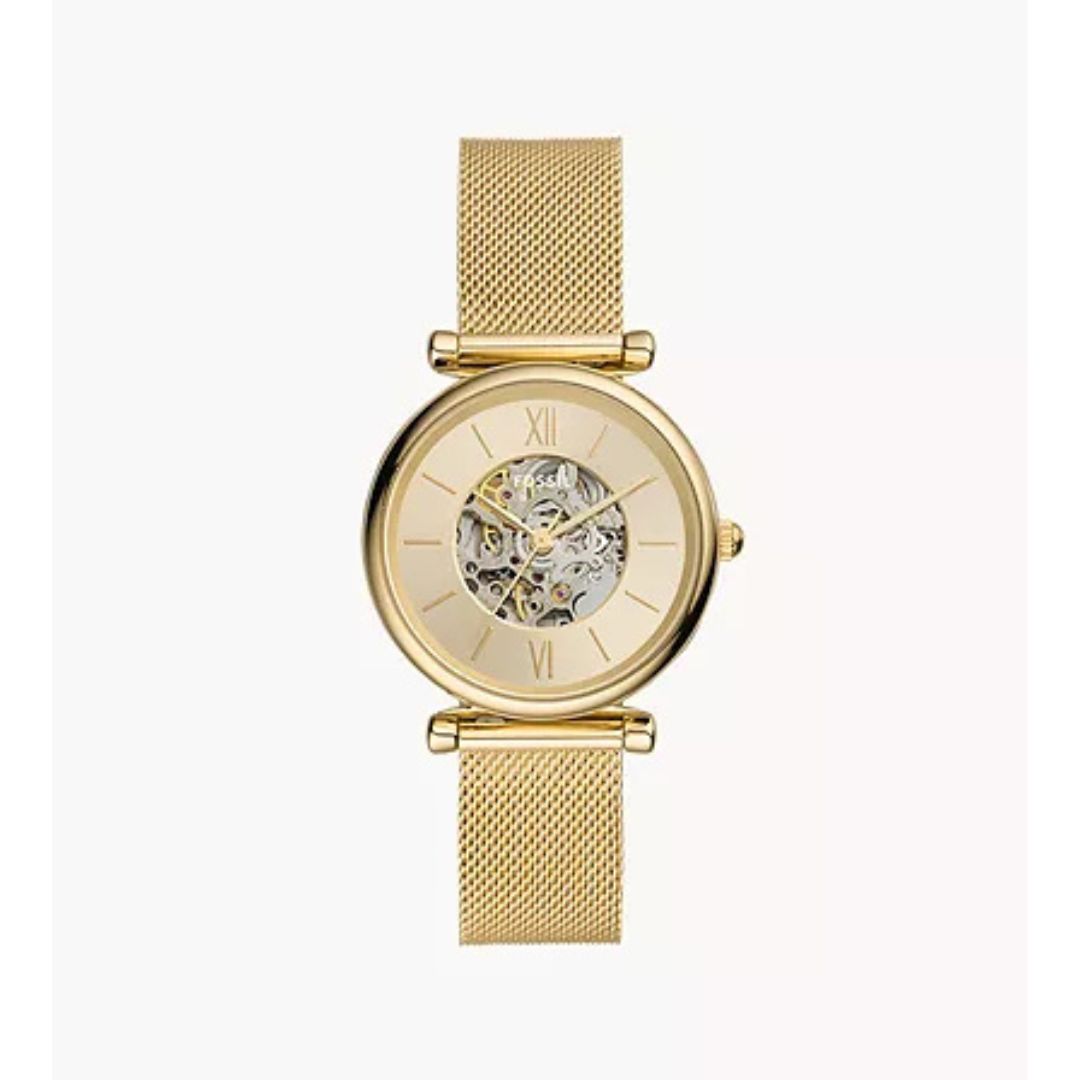 FOSSIL Watch For Women ME3250 Carlie Automatic Gold-Tone Stainless Steel Mesh