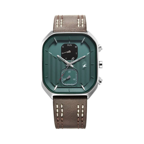 Fastrack 3270SL03 Fleek Quartz Multifunction Green Dial Leather Strap Watch For Guys