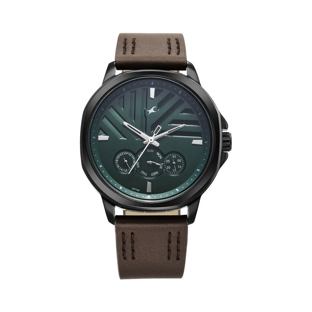 Fastrack 3303NL01 Fleek Quartz Multifunction Green Dial Leather Strap Watch for Guys