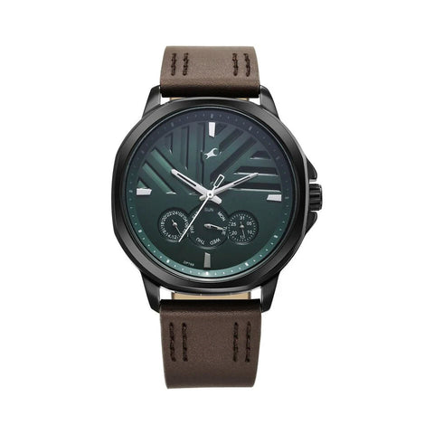 Fastrack 3303NL01 Fleek Quartz Multifunction Green Dial Leather Strap Watch for Guys