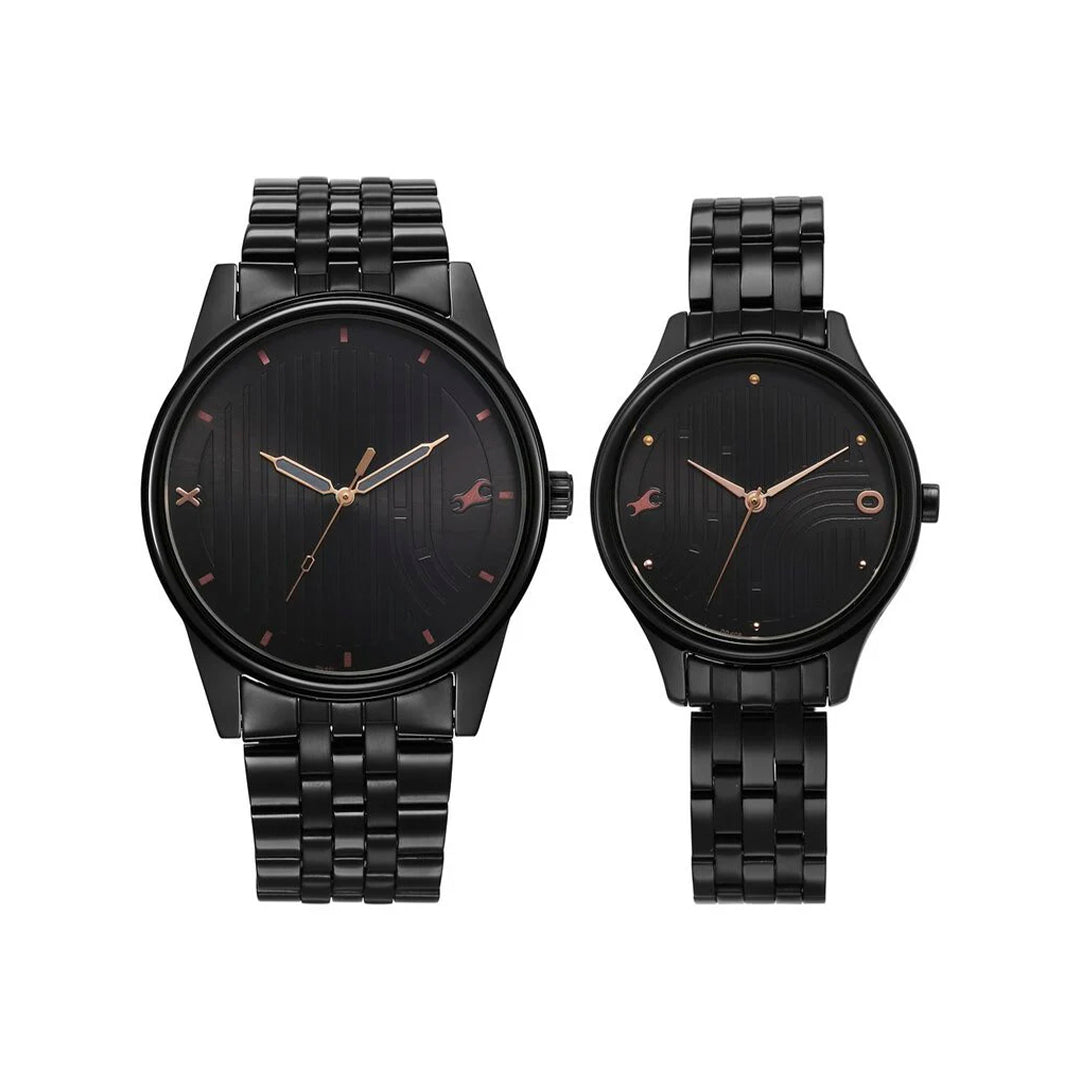 Fastrack  33056296NM02 Mixmatched Quartz Analog Black Dial With Black Metal Strap Watch For Couple