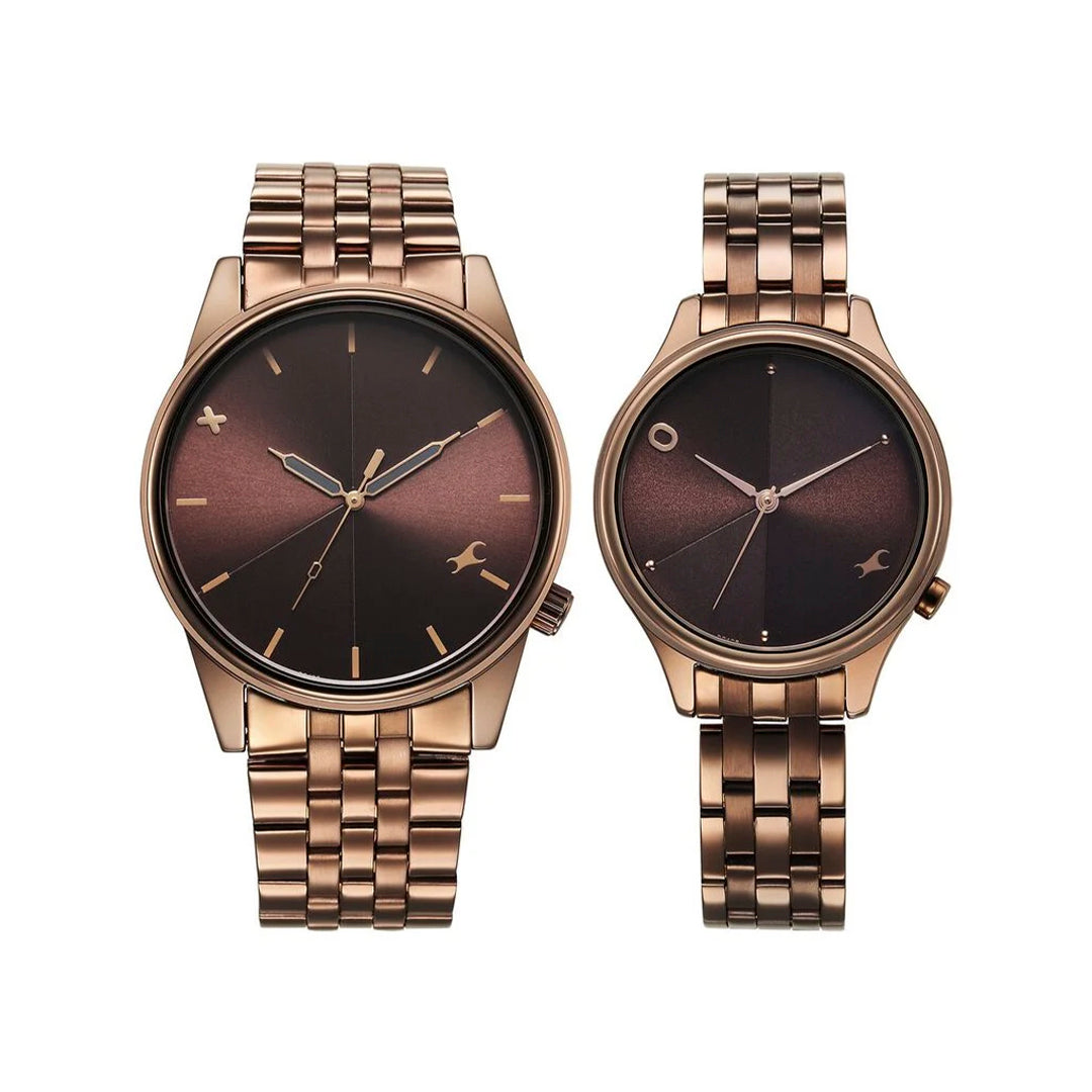 Fastrack  33056296QM02 Mixmatched Quartz Analog Brown Dial With Brown Metal Strap Watch For Couple