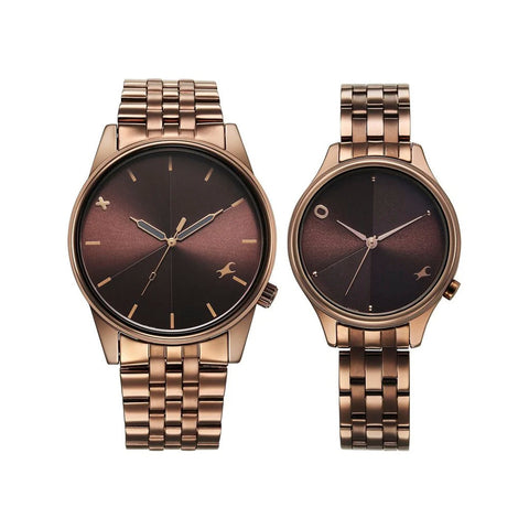 Fastrack  33056296QM02 Mixmatched Quartz Analog Brown Dial With Brown Metal Strap Watch For Couple