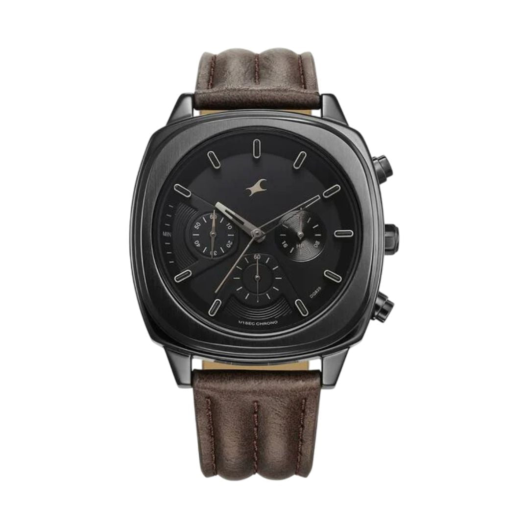 Fastrack 3319NL01 Kronos Chronograph Black Dial Brown Leather Strap Watch For Guys