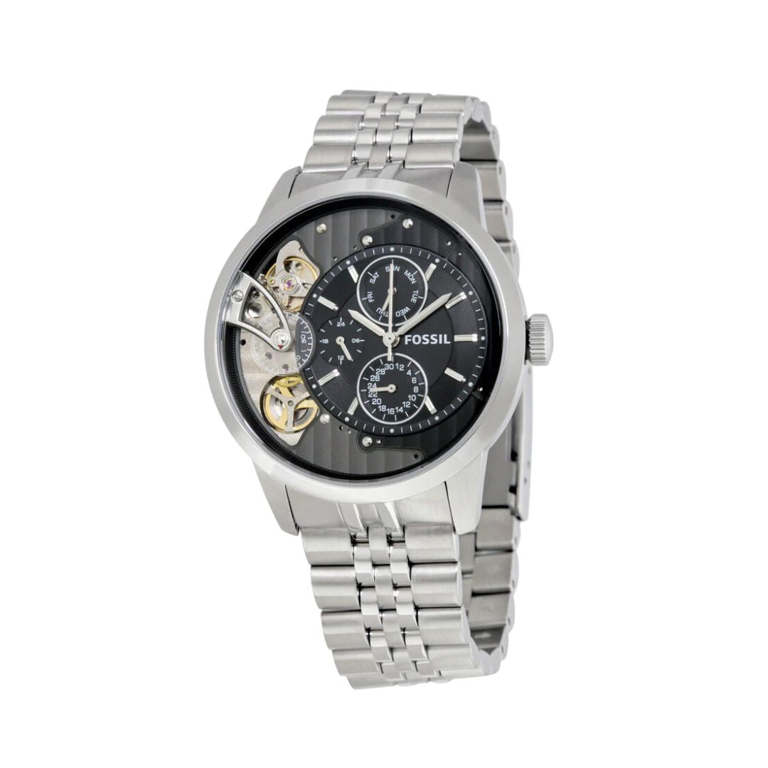 Fossil Townsman ME1135 men’s watch with black dial, mechanical accents, and stainless steel case.