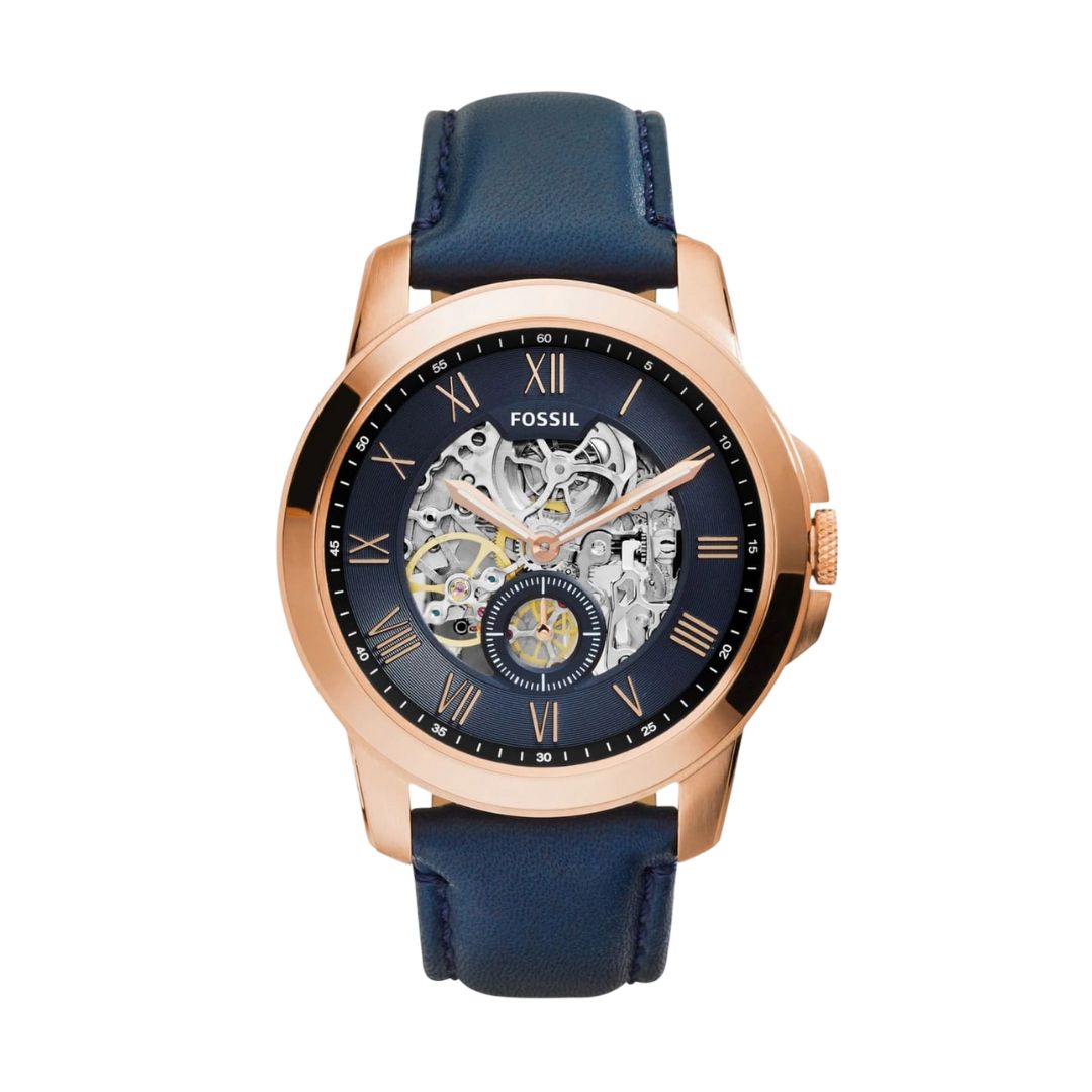 Fossil ME3054 Grant Automatic Men Watch with Blue Skeleton Dial and blue Leather Strap