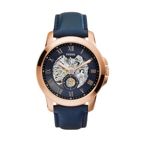 Fossil ME3054 Grant Automatic Men Watch with Blue Skeleton Dial and blue Leather Strap