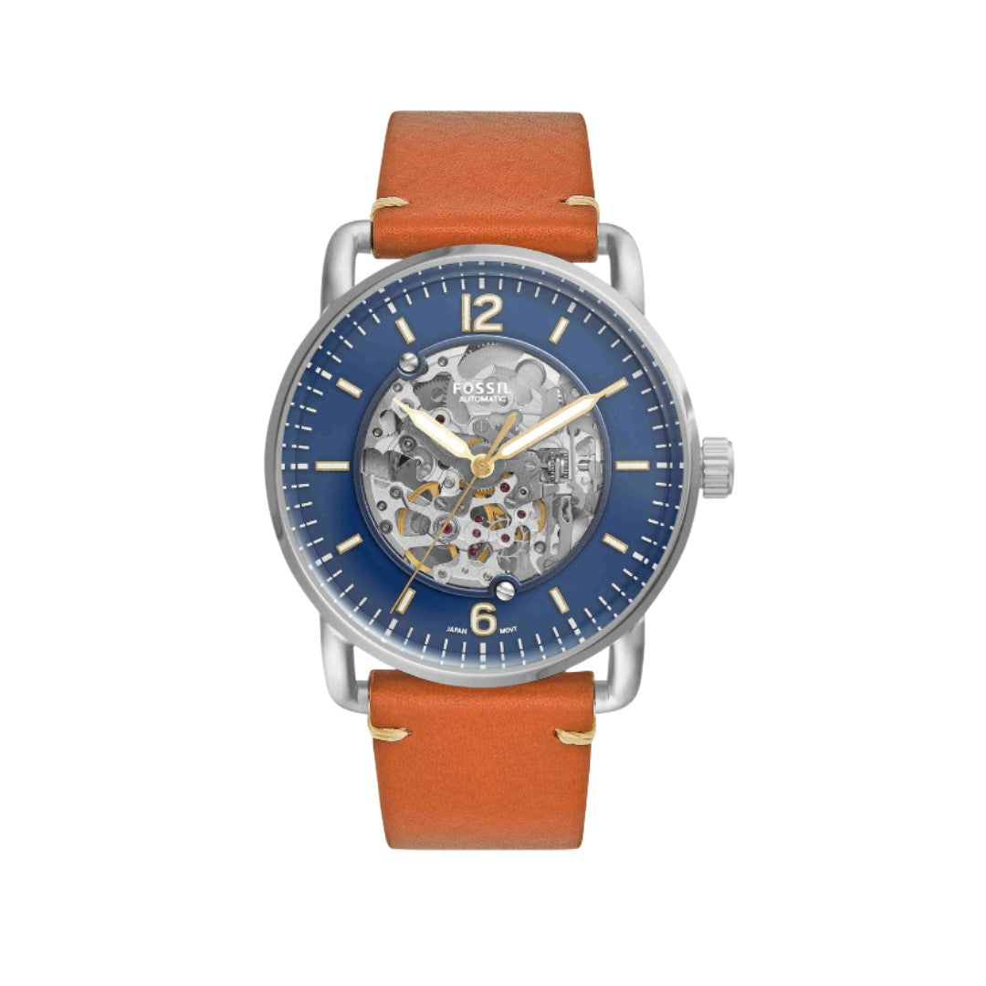 Fossil The Commuter ME3159 men’s automatic analog watch with exposed gear design and silver-tone case.
