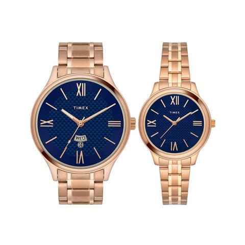Timex Empera Pairs Blue Dial Round Case Day-Date + 3 Hands Function Watch -TW00PR284