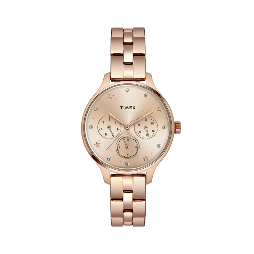 Timex Fashion Women's Rose Gold Dial Round Case Multifunction Function Watch -TWEL14814