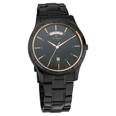 Titan 1767NM01 Quartz Analog with Day and Date Black Dial Stainless Steel Strap Watch for Men