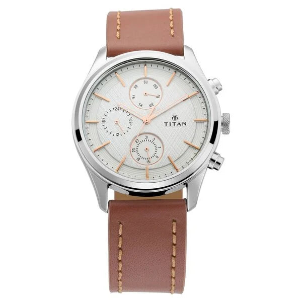 Titan 1805SL01 Men's Metropolitan Charm: Men's Multifunctional White Watch with Leather Strap
